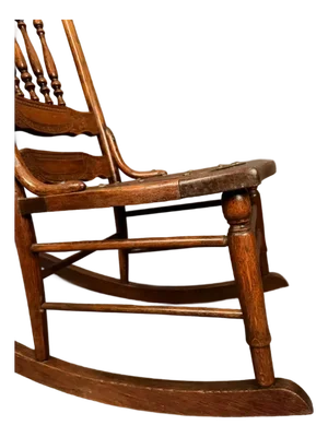 American Oak Spindle Back Pressed Splat Rocking Chair With Tooled Leather Seat, Circa 1900