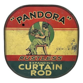 Vintage Pandora Expanding Curtain Rod Tin: Art Deco Advertising Container For Sale