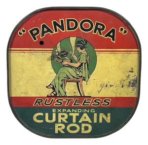 Vintage Pandora Expanding Curtain Rod Tin: Art Deco Advertising Container