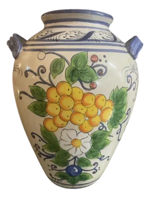 Hand-Painted Italian Maiolica-Style Ceramic Double-Handled Vase