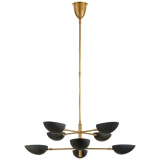 AERIN for Visual Comfort Signature Graphic Large Two-Tier Chandelier in Hand-Rubbed Antique Brass with Black Shades For Sale