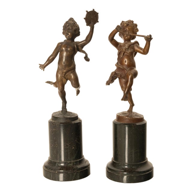 Pair Antique French Bronze Marble Putti Dancing Musicians Statues Sculpture 1860 For Sale