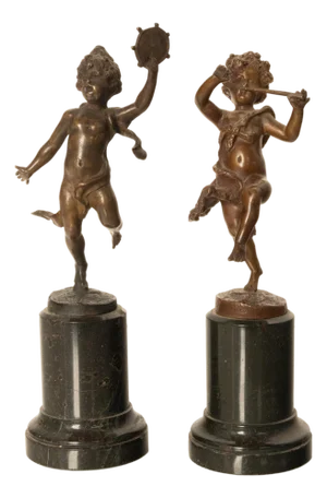 Pair Antique French Bronze Marble Putti Dancing Musicians Statues Sculpture 1860