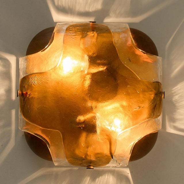 Rounded Angle Wood Smoked Layered Glass Flush Mount attributed to Kaiser, 1960s For Sale - Image 11 of 16