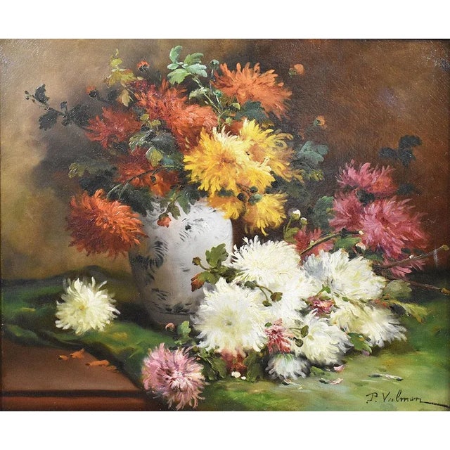 Flowers artwork, antique oil painting, floral vase painting which represents Dahlias and Chrysanthemums. The painting has...