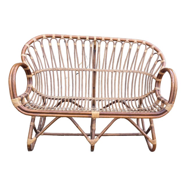 Vintage Italian Rattan Loveseat or Settee in the Style of Franco Albini For Sale