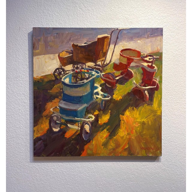 In "Yard Relics," a vibrant array of vintage toys, including strollers and wagons, occupies a sunlit patch of grass,...