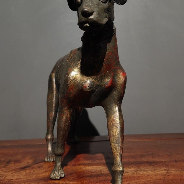 Gold Early 20th Century Gilt Bronze Dog Figure – 7.9" Standing Hound Sculpture With Red Pigment For Sale - Image 8 of 9