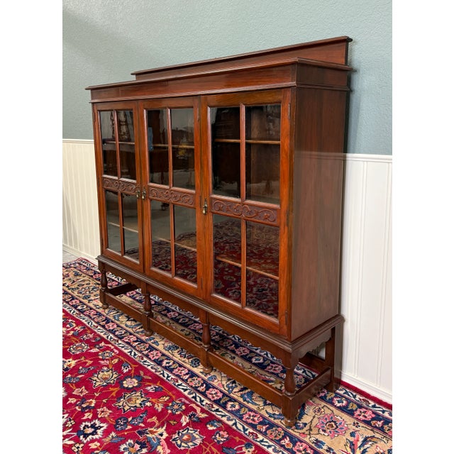 Wood Antique English Jacobean Bookcase Bookshelf Cabinet Wavy 3 Door Glass Mahogany For Sale - Image 7 of 14