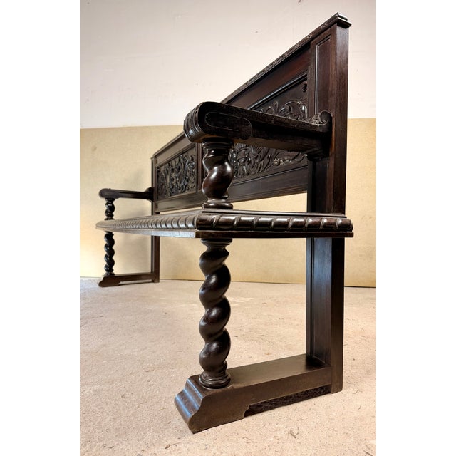 20th Century Spanish Carved Wood Bench with Barley Twist Legs, 1920 For Sale - Image 9 of 17