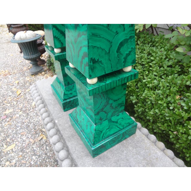 Pair of Large Carved Wood Faux Malachite Obelisks For Sale - Image 9 of 12