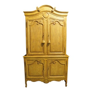 20th Century French Country Baker Furniture Pickled Oak Wardrobe Linen Cabinet For Sale