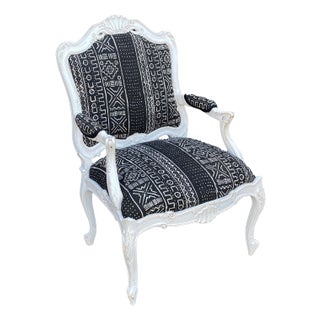Vintage French Style Chair With Black & White Mud Cloth Upholstery For Sale