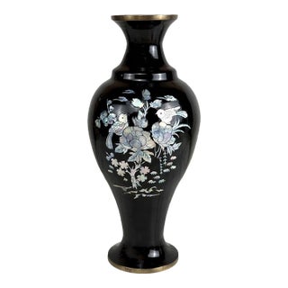 Vintage 14" Chinese Brass & Black Enamel Mother of Pearl Inlaid Vase For Sale