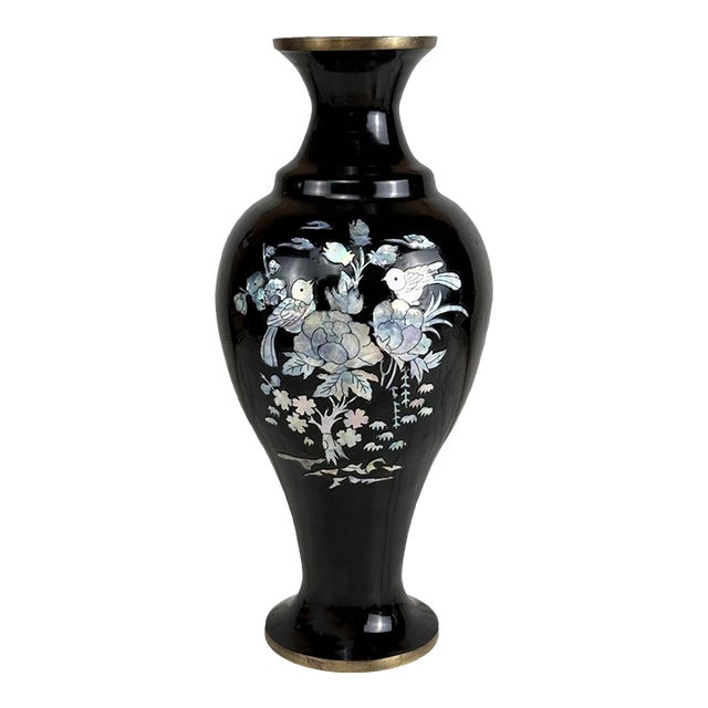 Vintage 14" Chinese Brass & Black Enamel Mother of Pearl Inlaid Vase For Sale