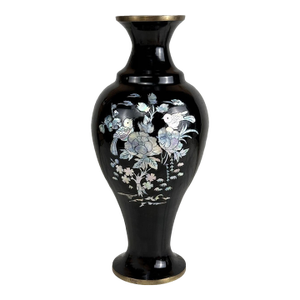 Vintage 14" Chinese Brass & Black Enamel Mother of Pearl Inlaid Vase