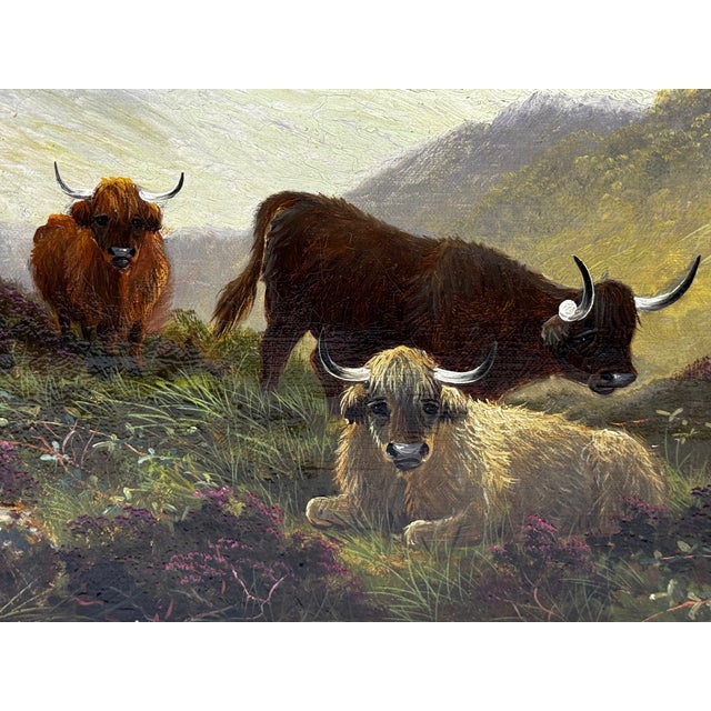 Wood Victorian Oil Painting Morning Mist at Ben Lawers ⛰️ Highland Cattle Beside Loch Tay C1880 Framed For Sale - Image 7 of 18