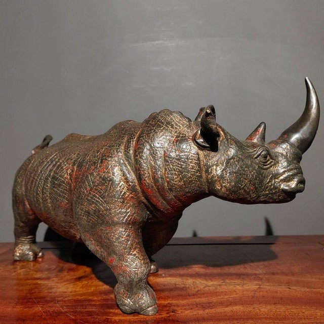 Metal Vintage Gilt Accent Bronze Rhinoceros Sculpture, Textured Rhino Statue For Sale - Image 7 of 7