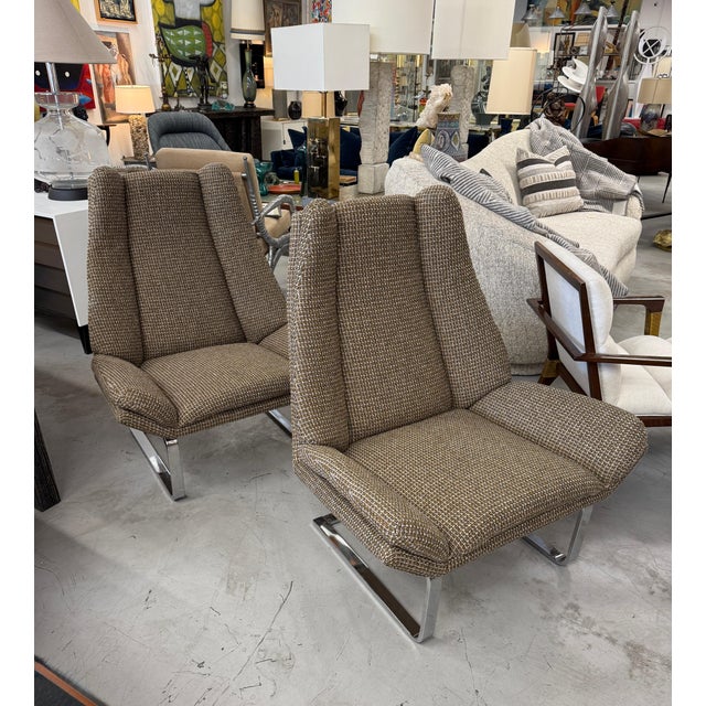 1970s Pair of Flat Bar Lounge Chairs Attributed to Milo Baughman Re-upholstered For Sale - Image 9 of 17