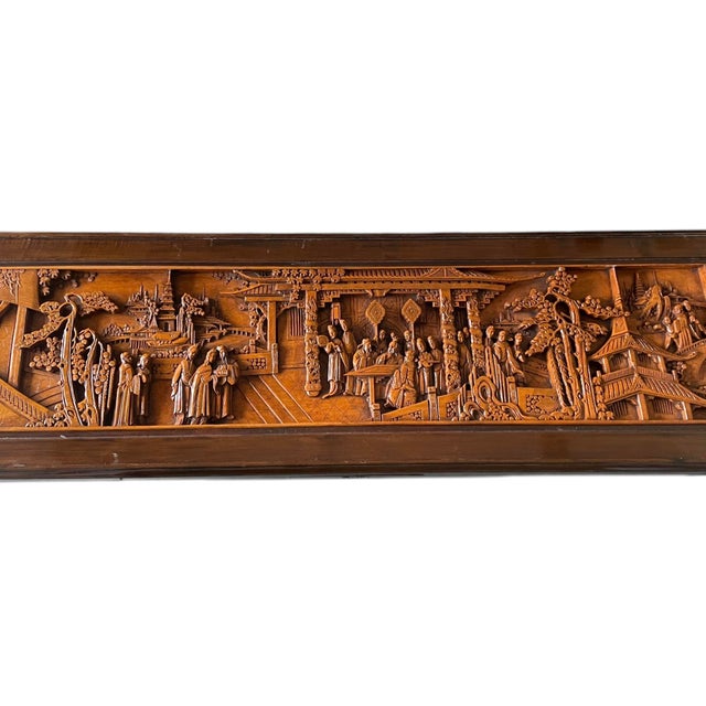 Mid 20th Century Monumental Hand-Carved Asian Narrative Coffee Table With Pagodas, Figures & Original Glass Top For Sale - Image 4 of 11