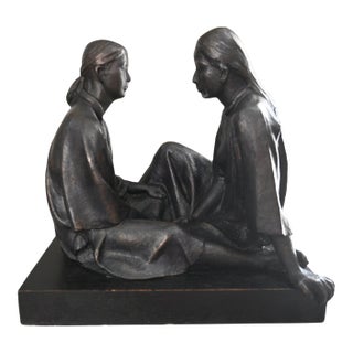 Felipe Castañeda Signed Bronze Sculpture "Dos Mujeres" Two Seated Women, 1982 For Sale