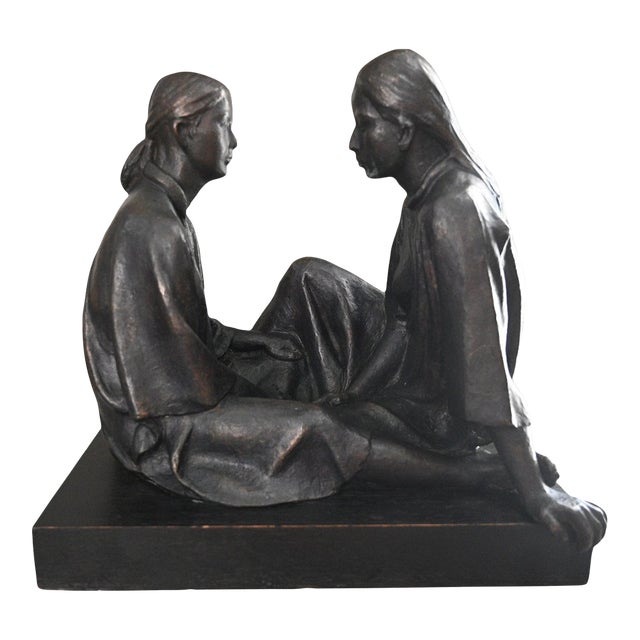 Felipe Castañeda Signed Bronze Sculpture "Dos Mujeres" Two Seated Women, 1982 For Sale