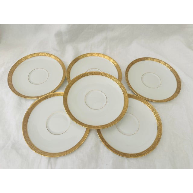 Vintage set of 6 C. Ahrenfeldt 24kt gold honeycomb rim saucer plates, I have a different gold rim cup shown in last pic....