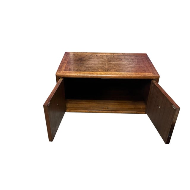 Vintage Mid-Century Asian Modern Burl Wood Nightstand This handsome Mid-Century Modern cabinet beautifully marries clean,...