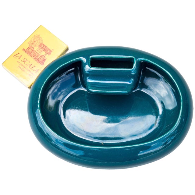 Mid 20th Century Handmade Americana Green Ceramic Ashtray With Match Holder For Sale In New York - Image 6 of 8