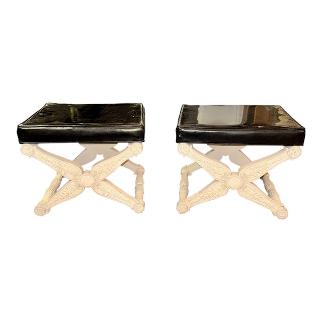 Pair of French Carved and Painted X Form Benches For Sale