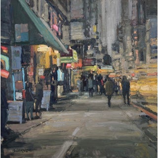 Sidewalks in Greys by Jim Beckner | Oil on Board Nighttime city street with people and lights. For Sale