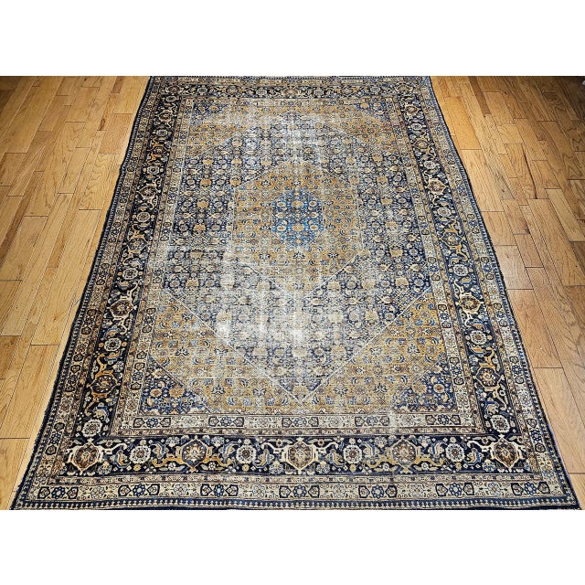 1900 - 1909 Vintage Persian Tabriz Rug, Hand-Knotted Wool, Herati Geometric Pattern, Navy & Camel, 10x13 For Sale - Image 5 of 13