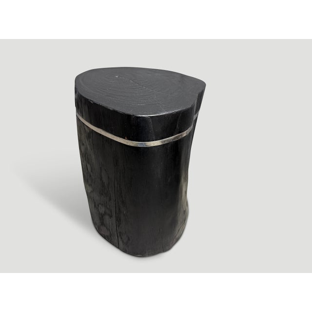 Contemporary Andrianna Shamaris Minimalist Charred Teak Wood and Silver Side Table For Sale - Image 3 of 5