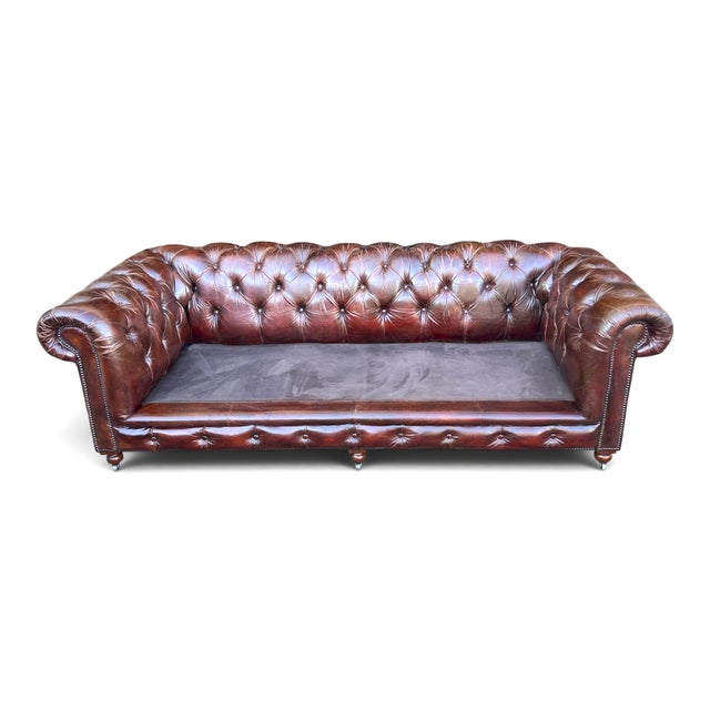 Restoration Hardware Chesterfield Cognac Leather Sofa With Brass Nailhead & Casters For Sale - Image 14 of 18