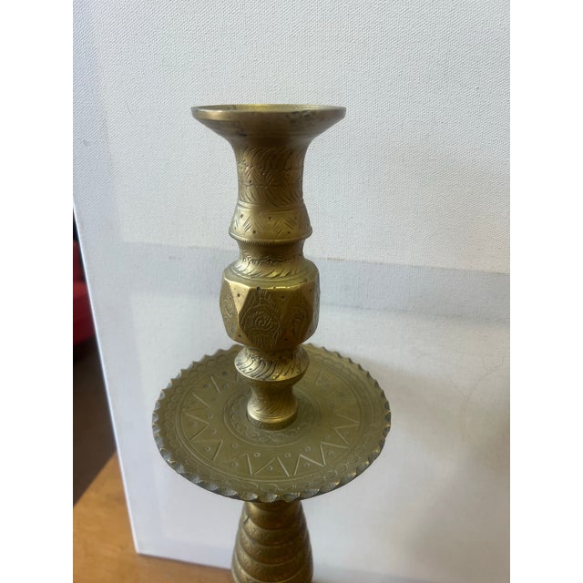 1920s Pair of Moroccan Large Solid Brass Candlesticks For Sale - Image 4 of 9