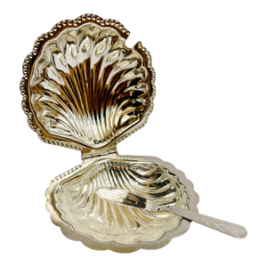 Vintage Silver-Plated Shell Butter Dish & Caviar Server With Spreader and Glass Liner