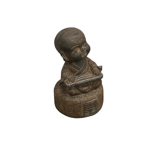 Religious Oriental Gray Stone Little Lohon Monk Playing Zither Statue For Sale - Image 3 of 8