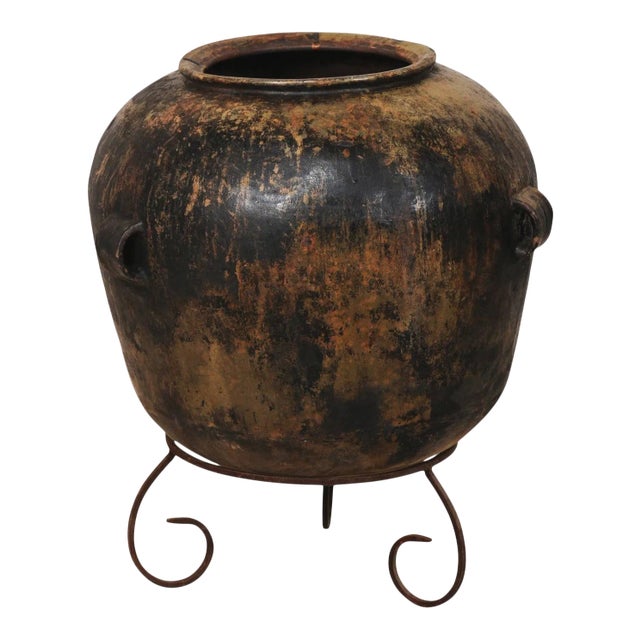 Early 20th Century Guatemalan Ceramic Jar on Custom Scrolled Stand with Patina & Warm Hues For Sale