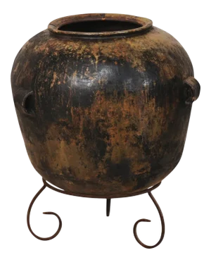 Early 20th Century Guatemalan Ceramic Jar on Custom Scrolled Stand with Patina & Warm Hues