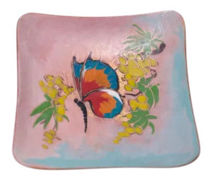 Small Mid-Century Dutch Modern Hand-Painted Enamel on Copper 'Butterfly' Dish