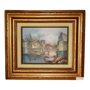 Vintage Signed Oil on Board Painting W/Harbor Scene & Gold Wooden Frame