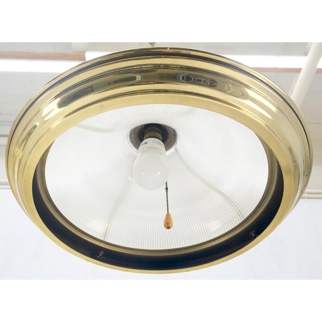 Pair of Round Brass Ribbed Glass Long Chain Light Fixture Pendants MCM For Sale - Image 9 of 12