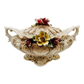 Vintage Italian Capodimonte Porcelain Tureen or Serving Dish Centerpiece W/Roses For Sale