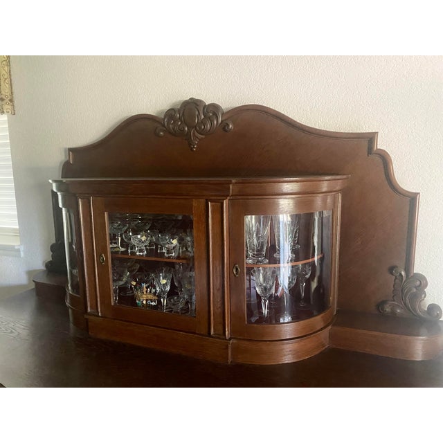 Mid 20th Century Large Black Forest Style Carved Oak Old European German Buffet/Sideboard With Unique Curved Glass Display For Sale - Image 14 of 18
