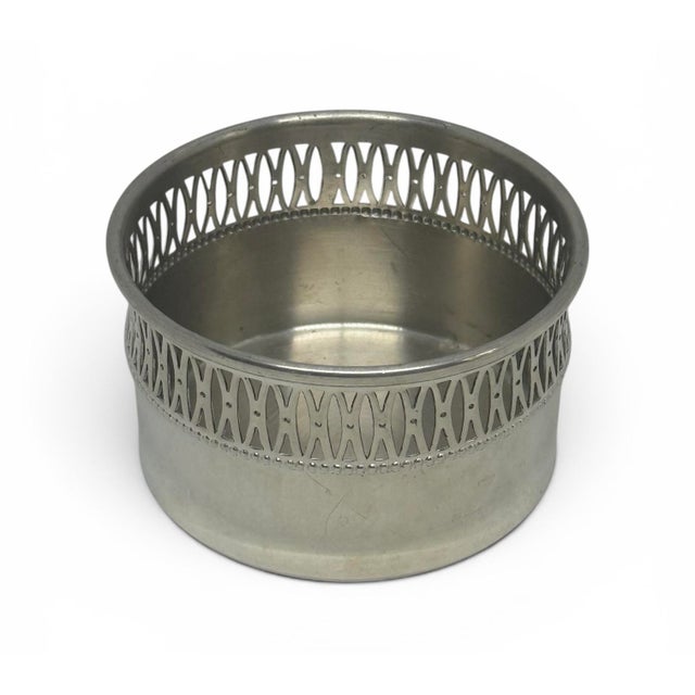 Mid-Century Modern Vintage Eastern Pewter 3 3/4” Wine or Champagne Bottle Coaster Reticulated Pierced Lattice Gallery Rim For Sale - Image 3 of 11
