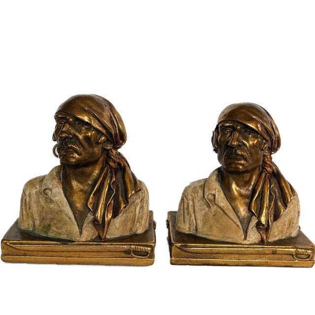 Beaux-Arts Pair of Paul Herzel Pirate Cast Broze Bookends For Sale - Image 3 of 8