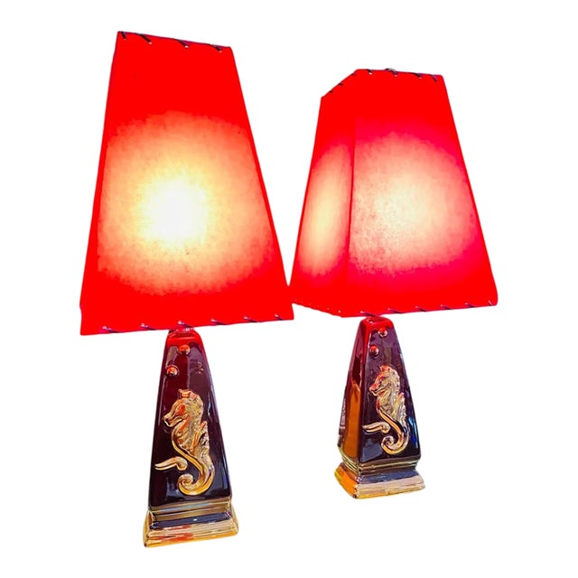 Mid 20th Century Mid Century Gold Tone Sea Horse With Red Shades - Pair For Sale