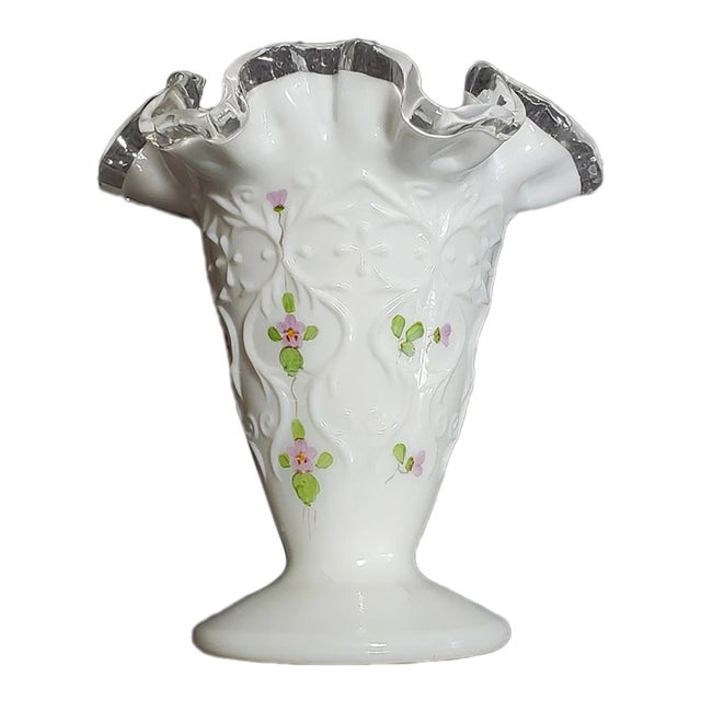 Vintage Fenton Milk Glass Silver Crest Vintage Trumpet Vase For Sale