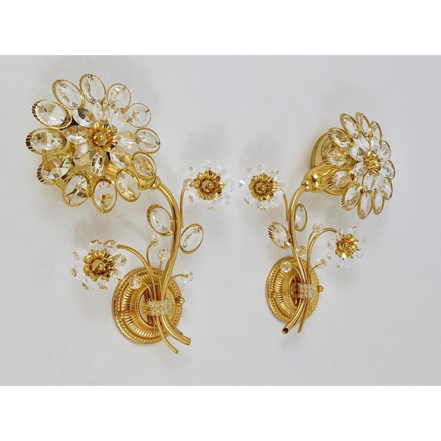 Gilt Brass Flower Wall Lights with Crystals from Palwa, Germany, 1970s, Set of 2 For Sale - Image 10 of 15