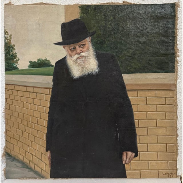 1990s Large Judaica Original Oil Rabbi Painting Lubavitcher Rebbe 770 Chabad, New York, 1994 For Sale - Image 5 of 9